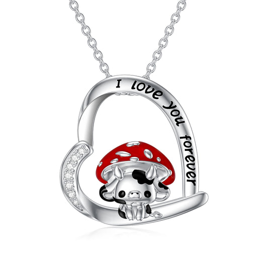 Cow Necklace 925 Sterling Silver Mushroom Cow Pendant Cute Animal Jewelry for Women Girls